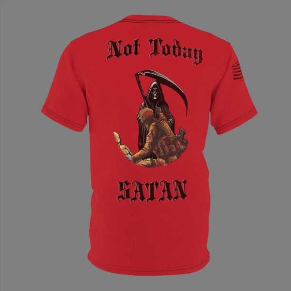 "not today satan" red shirt with medic flipping off grim reaper