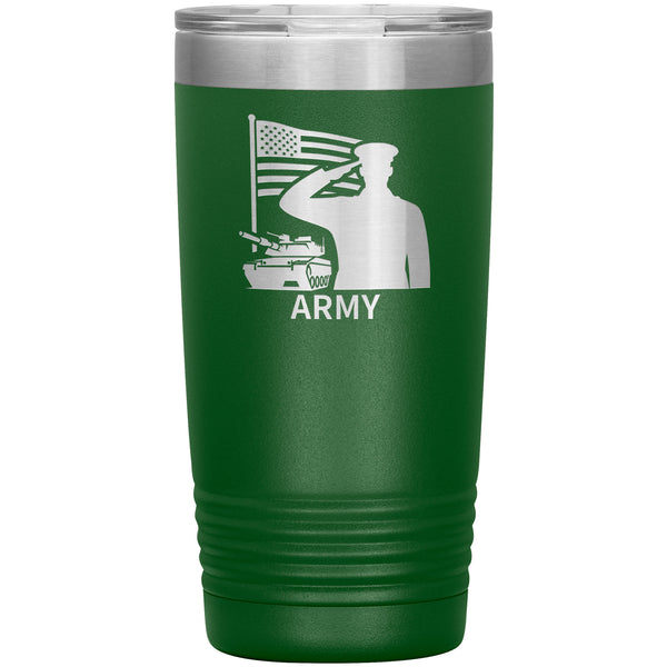 20oz insulated green tumbler, made from rugged double-wall stainless steel, features a ARMY Flag Tank Salute.