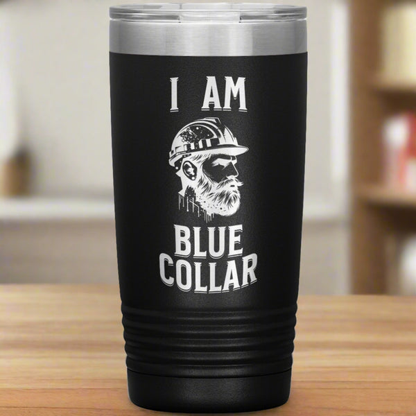 20oz insulated navy tumbler, made from rugged double-wall stainless steel, features a I AM Blue Collar.